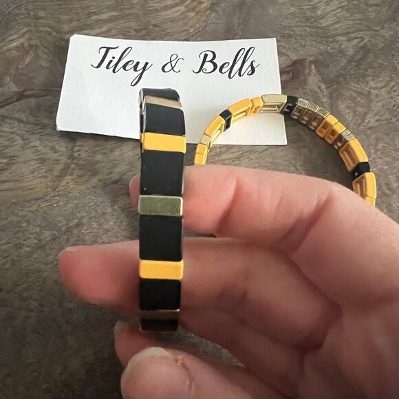 New Tiley & Bells Black Yellow and Gold Colorblock Stretch Bracelets - Picture 4 of 10
